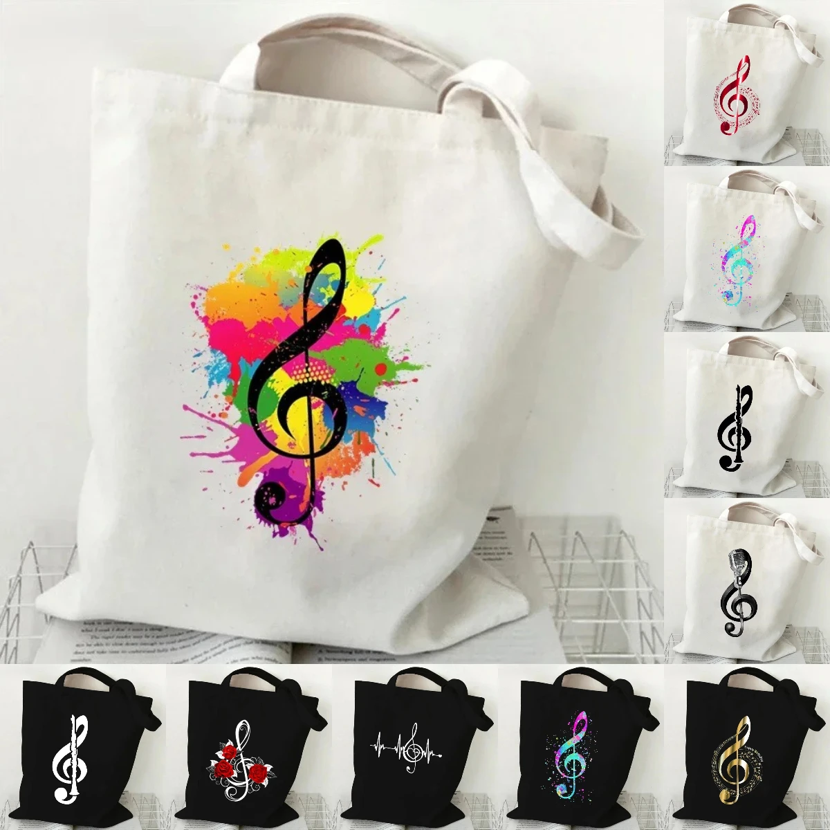 Music Note Heartbeat Printed Canvas Bag Shoulder Bag Folding Bag Handheld Shopping Bag Large Capacity Durable Eco Friendly Bag