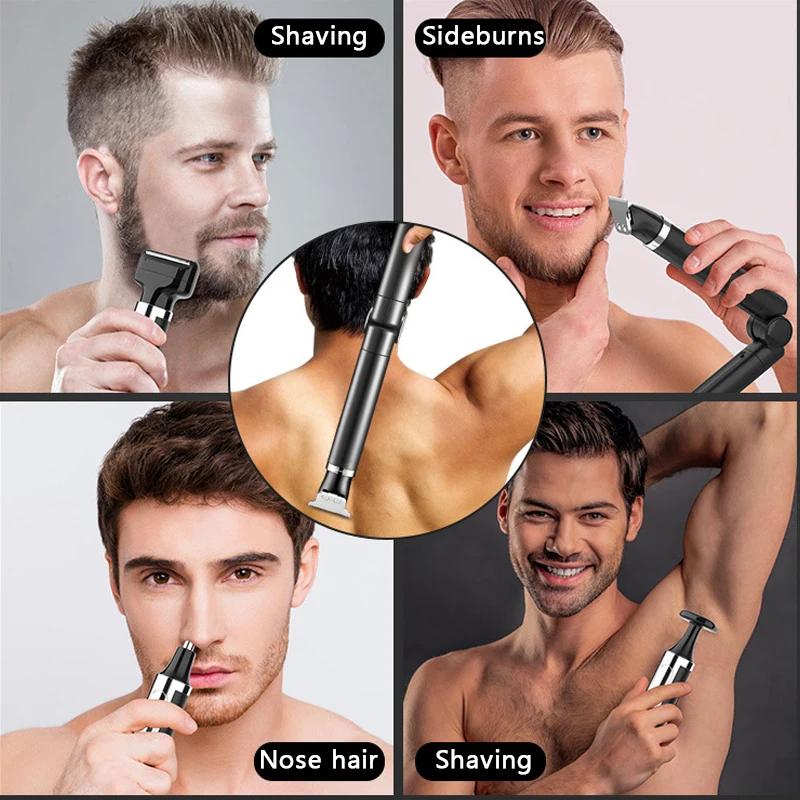 4 in1 Rechargeable Men\'s Shaving Set Back Razor Shaver Groomer Foldable Telescopic Rod Nose Hair Trimmer Back Shaver Long Handle