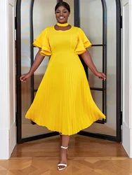 Women Elegant Pleated Dresses Yellow Halter O Neck Short Ruffles Sleeve Casual Plus Size 4XL Birthday Prom Celebrate Gowns New