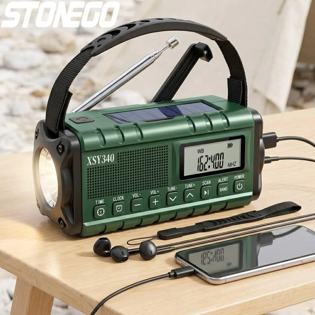 

Радиоприемник с ручным динамо-генератором и солнечной зарядкой 10000 мАч, AM/FM/NOAA, оповещение о погоде, зарядка USB-C, ЖК-часы, LED-фонарик, сигнализация SOS