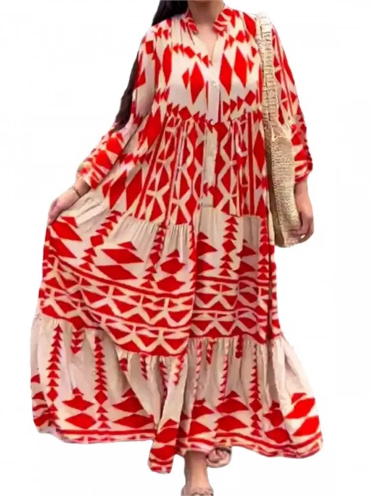 Spring Autumn Women\'s New Fashionable Printed Shirt Skirt Sexy V-neck Nine Quarter Sleeve Bohemian Button Dress