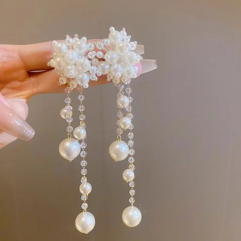 Elegant Fashion Pearl Flower Tassel Earrings For Women Exquisite Fine Pearl Beads Earrings Wedding Party Jewelry Accessories