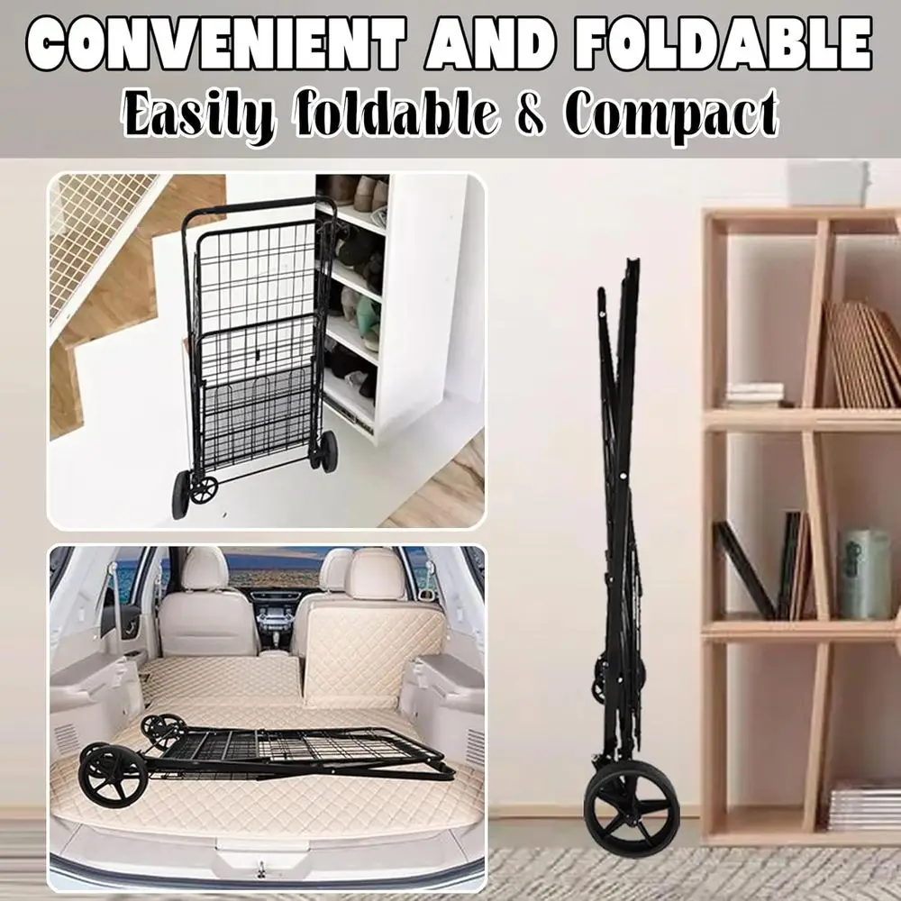 Carrinho dobrável durável com sacola impermeável, 360 °   Rodas giratórias, cestas duplas, carga de 300 libras para compras, lavanderia, camping