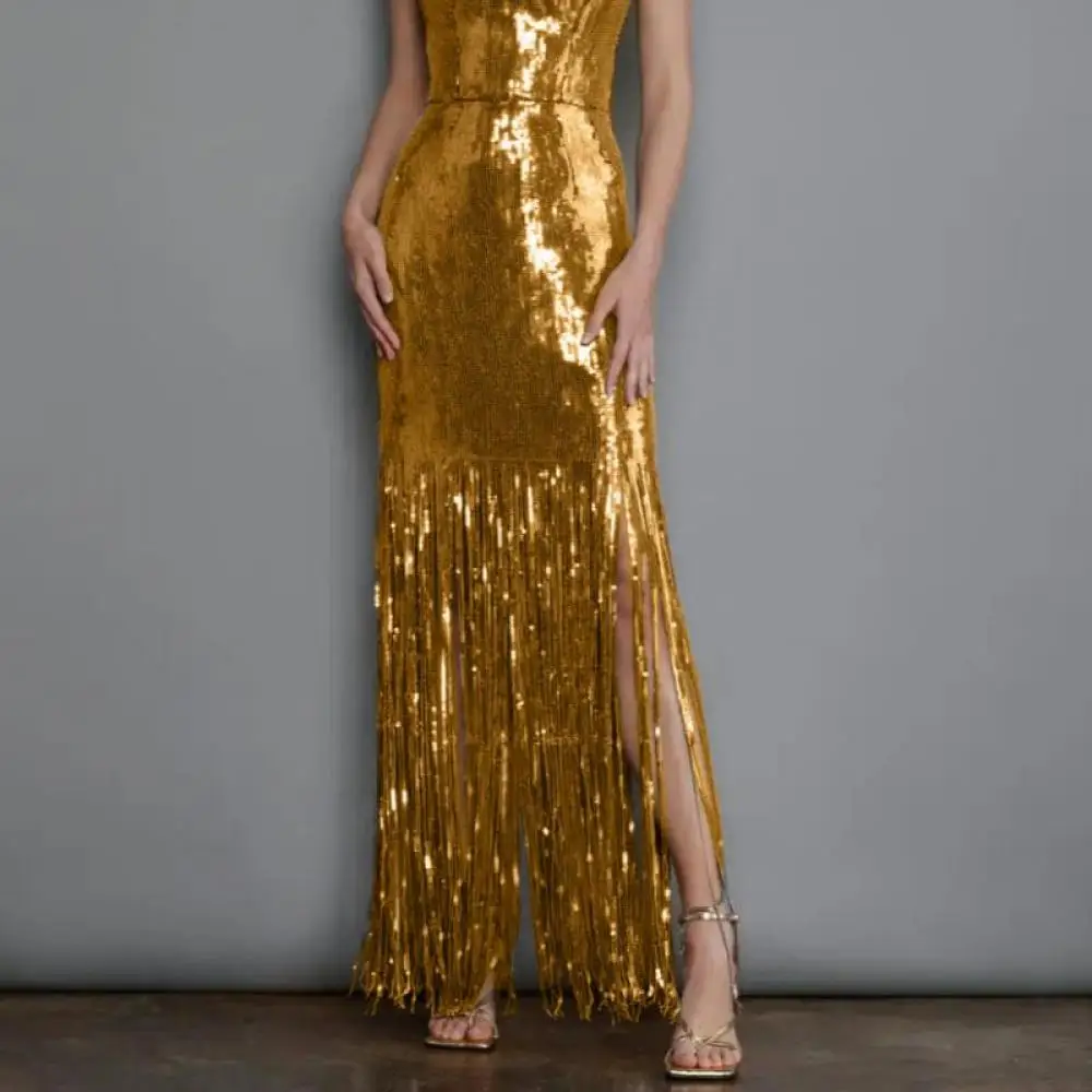 Gold Sequins Sexy Sleeveless Suspender Evening Slim Long Dress Slim Tassels Backpacks Split Robe Party New 2024 Women Fashion