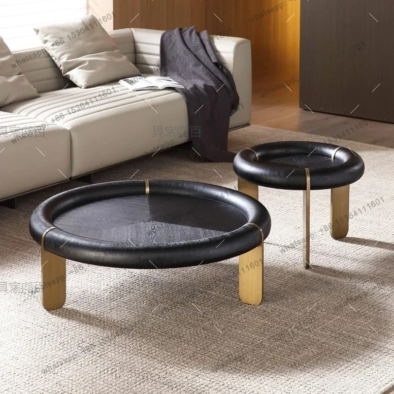 

PItalian minimalist round coffee table high and low combination black coffee table household solid wood black round coffee table