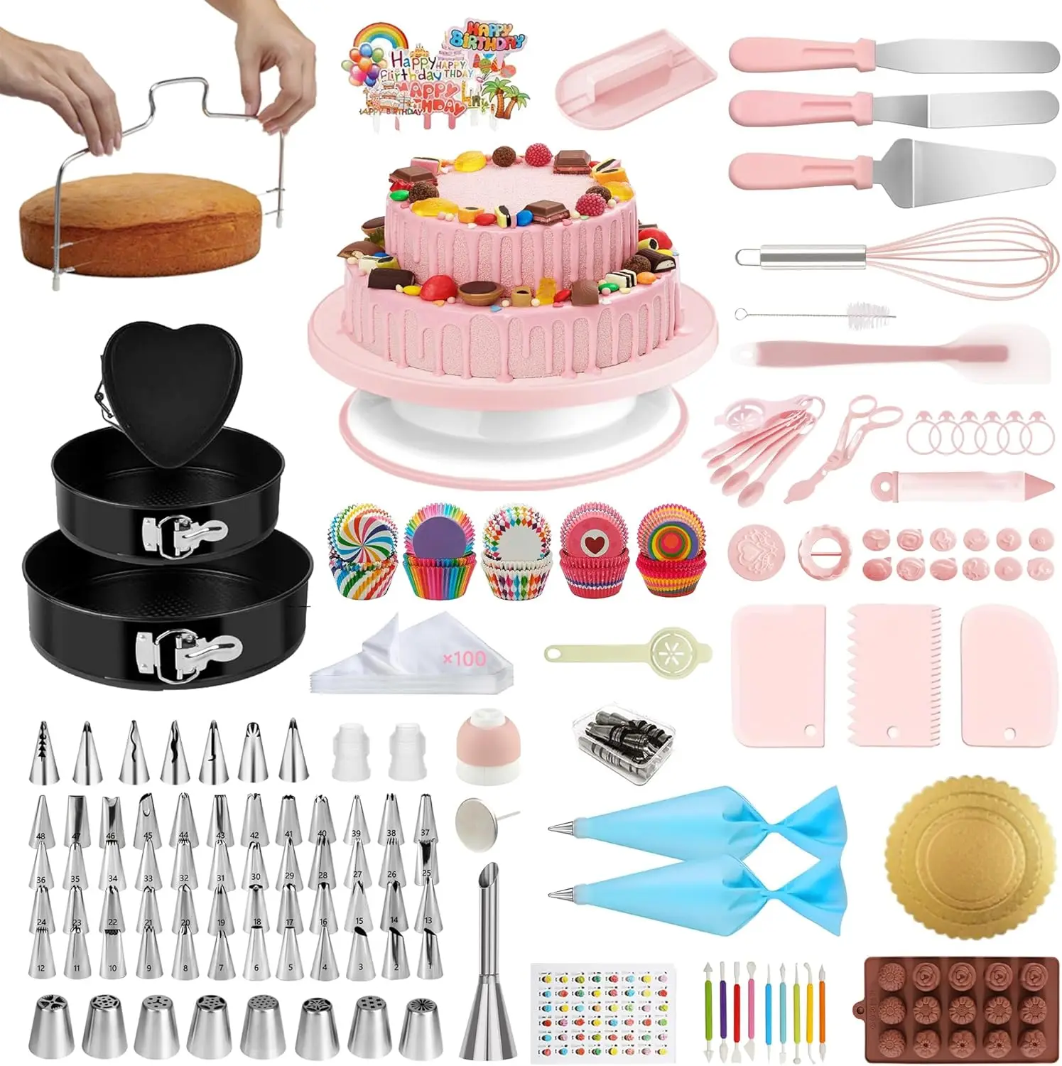 Complete Cake Decorating Kit with Turntable, Springform Pans, Leveler, 63 Tips & Tools for Baking Enthusiasts