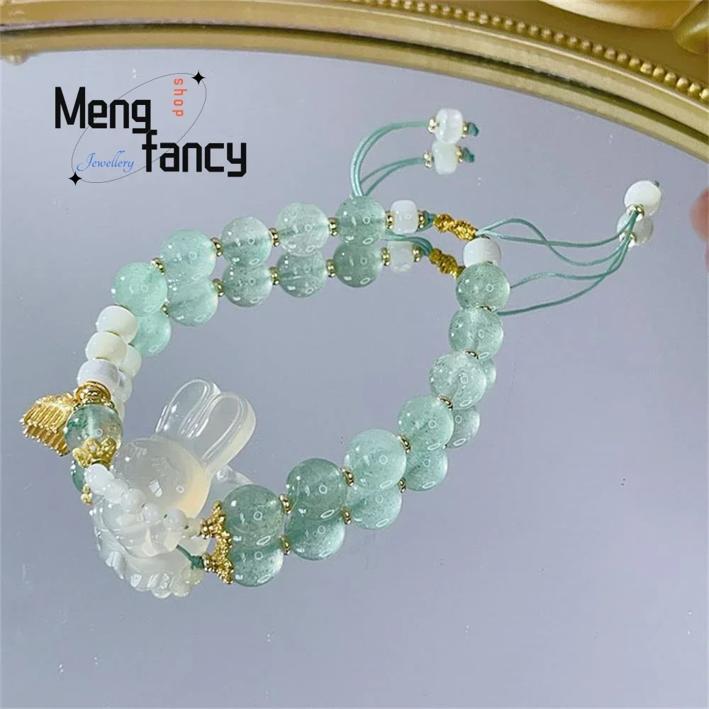 New Green Strawberry Crystal Powder Crystal Female Minority Design Jade Rabbit Bracelet Exquisite Fashion Jewelry Holiday Gifts