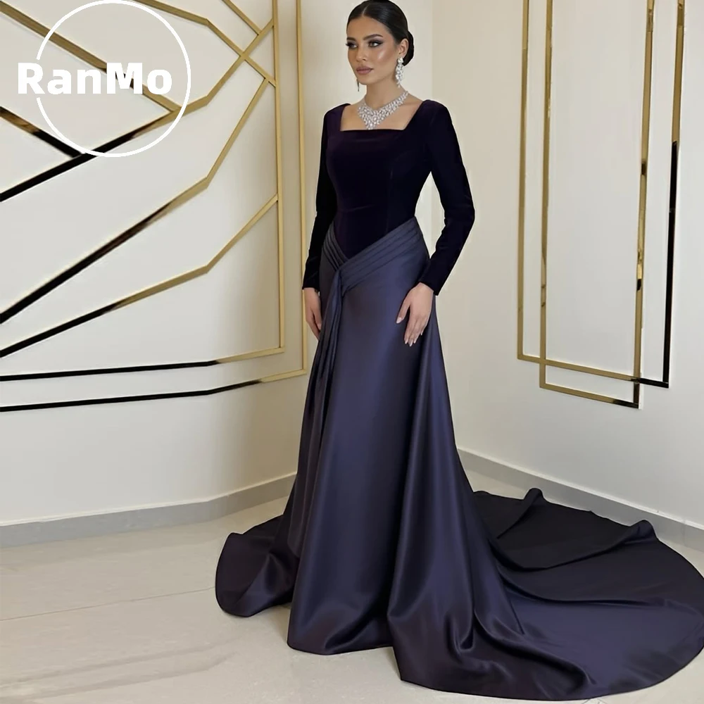 

Вечернее платье Ranmo на заказ, фиолетовое, с квадратным вырезом, плиссированное, с длинными рукавами, облегающее, в пол, с открытой спиной, для выпускного вечера и торжеств, со шлейфом