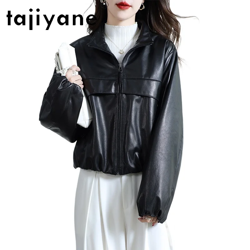 TAJIYANE سترة جلد الغنم الحقيقية الطبقة العليا امرأة فضفاضة عادية سترة جلدية حقيقية معطف الخريف القصير 2025 ملابس حريمي كورت