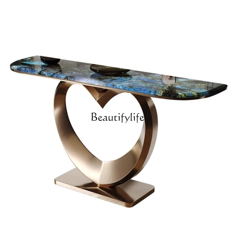 

Light luxury entrance table strip case Modern heart-shaped rock slab entrance platform against the wall shelf
