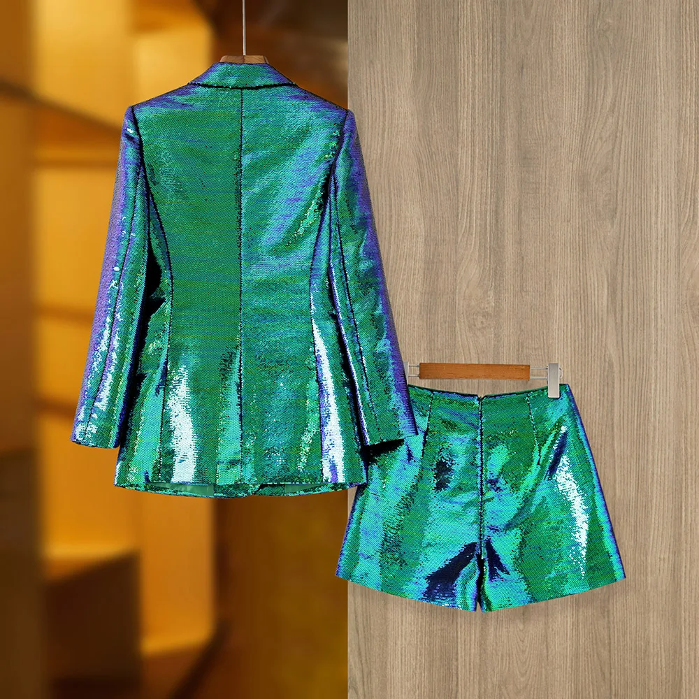 Eye-catching Occasion Wearing Women Clothing Shining Bling Gradient Color Dark Green Sequins 2PCS Blazers Shorts Sets