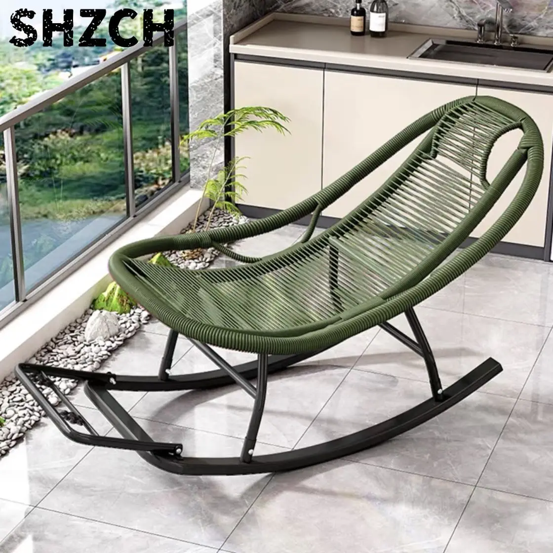 Rattan Recliner Chair with Rocking Base Comfortable Lounge Sofa for Balcony Garden Living Room