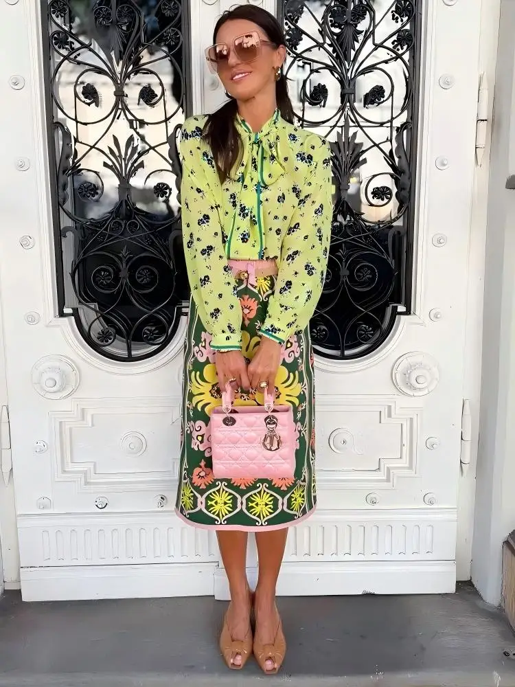 Guobioziy Women's Suit 2026 Autumn New Collection Floral Ribbon Shirt Retro Printed Half Skirt Two-Piece Set with Bow