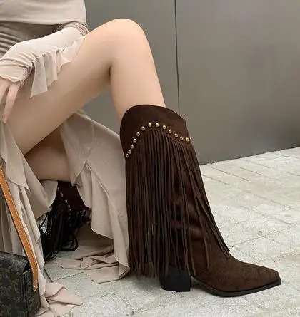 British Style Girls Brown Black Frosted Pointed Toe Gold Rivet Slip On Square Heels Mid-calf Boots Women Western Cowboy Boots