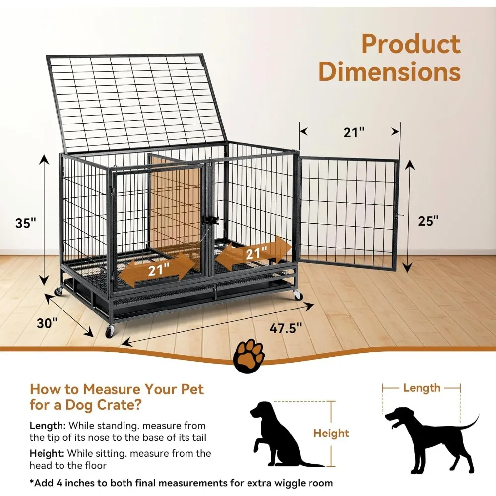 Wire Dog Crate with Divider, Swivel Lockable Wheels, High Anxiety Open Top, Three Doors, Large Crate Indoor with Removable Tray