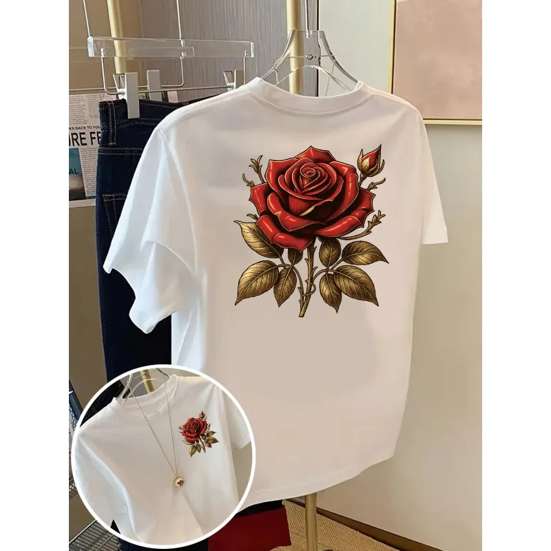 تي شيرت مطبوع من الأمام والخلف مع نمط الأزهار الوردية للنساء برقبة دائرية كاجوال موضة Y2K قطن هاراجوكو بأكمام قصيرة #1