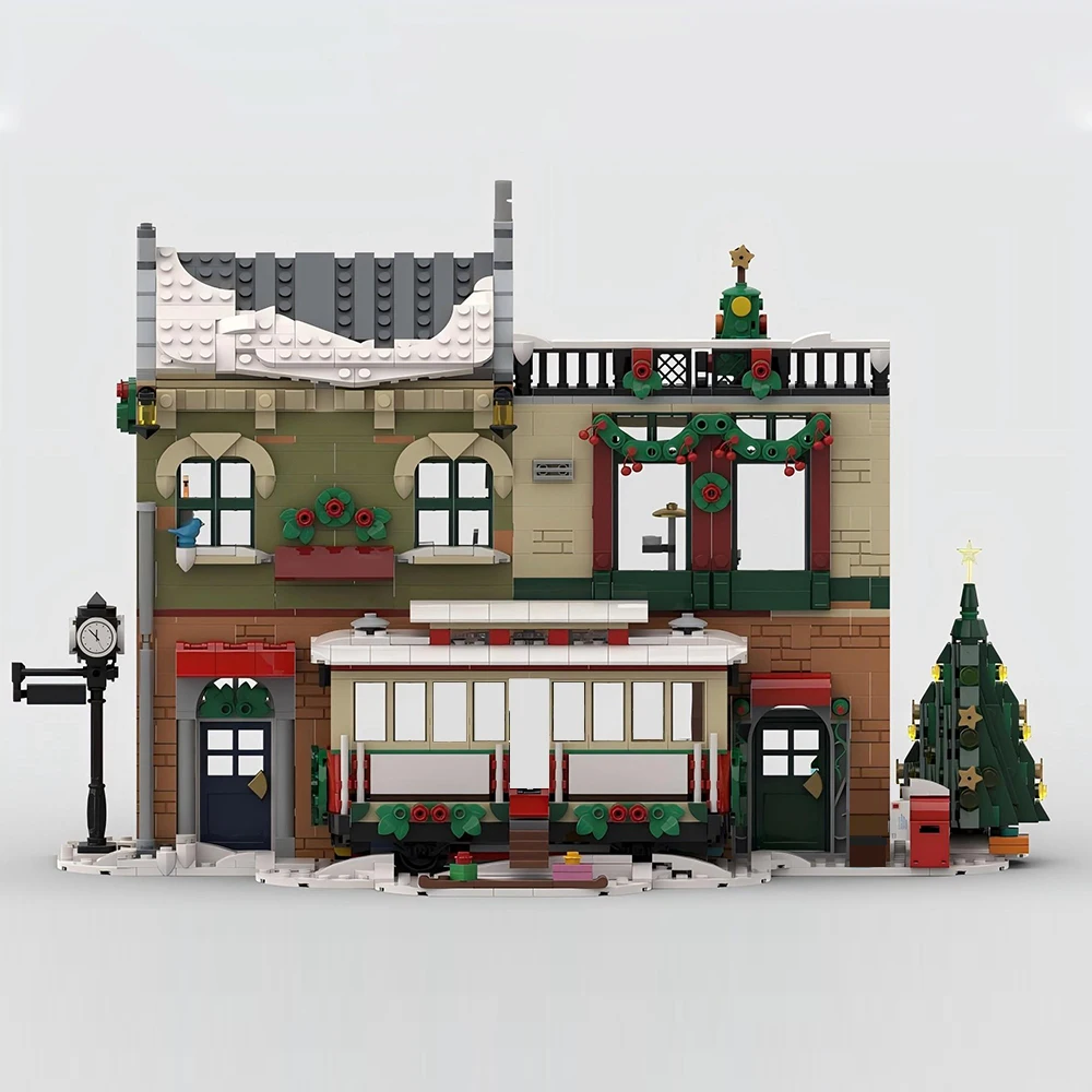 MOC New City Street View Tram Coffee Shop DIY Medieval Christmas Building Model Building Blocks Children's Toys New Year Gift