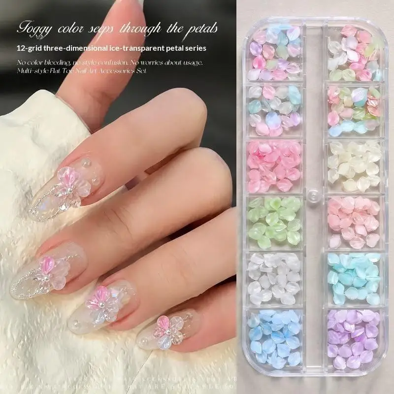 12Grid Box 3D Ice Through Ice Flower Petals Nail Charms Summer Colored Non Carving Dopamine Five Petals Flower Rhinestones