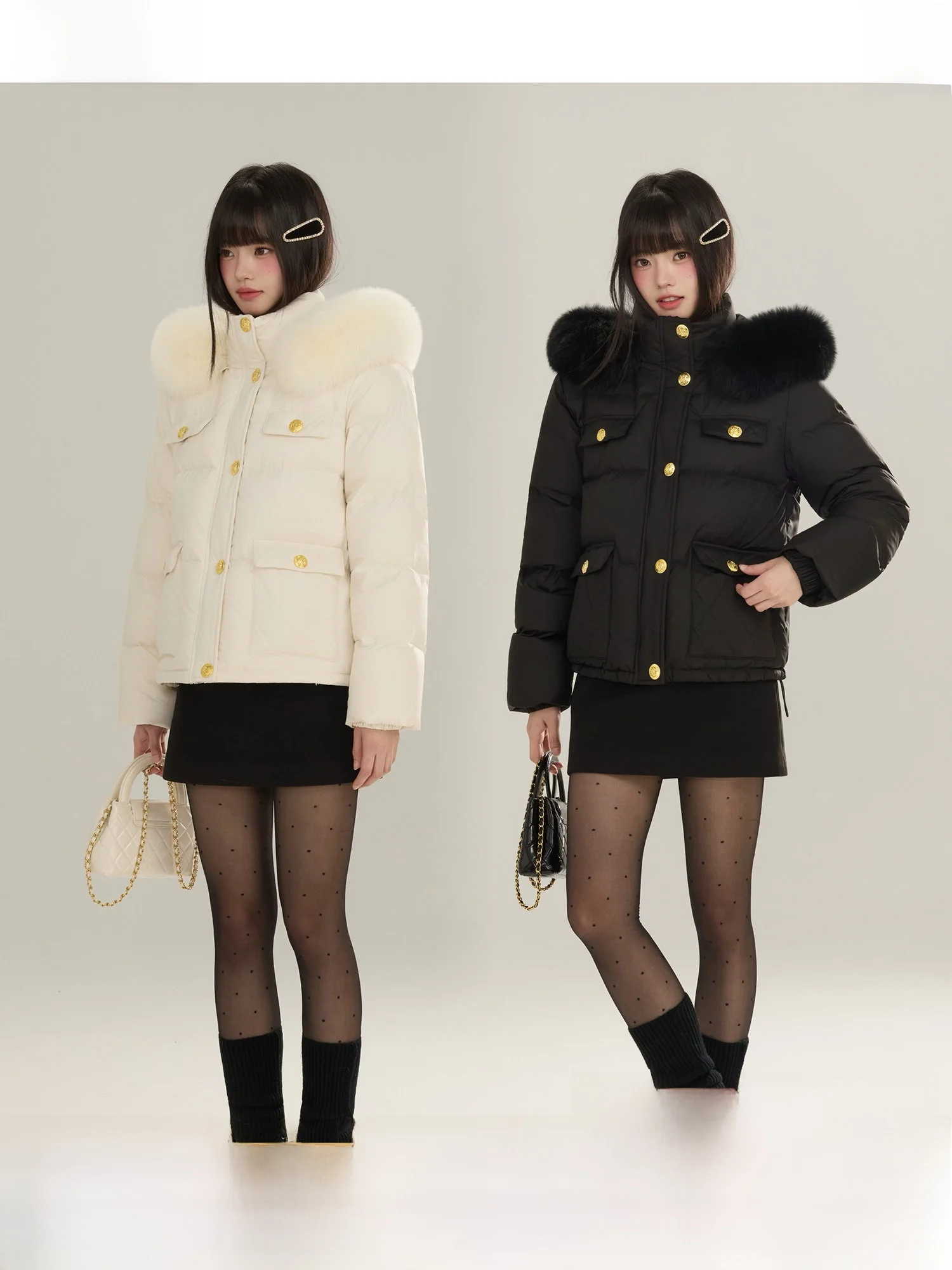 

DALU 90 White Du down ort Quilted Jaet Fur Collar Gold Button Ele Sle Women's Puffer Coat Warmth And Faion