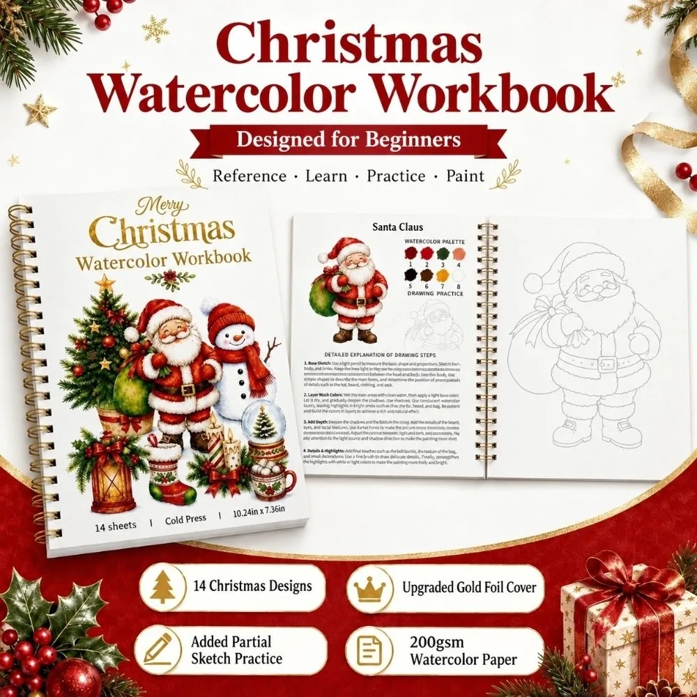 Christmas Themed Christmas Watercolor Workbook Gold Foil Cover with Line Drawing Watercolor Practice Book Spiral Bound