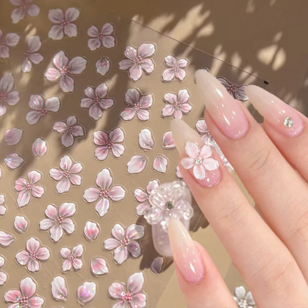 

5D Spring Pink Cherry Blossom Lily Nail Sticker Sparkling Shell Light Embossed Floral Petal Stickers Elegant Nail Decorat Decals