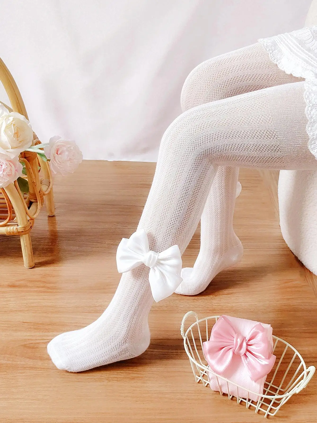 2Pcs Girls Tights Summer Thin Mesh Big Bow Decor Pantyhose Kids Hollow Breathable Jacquard Base Stockings for 0-10Y Little Girls