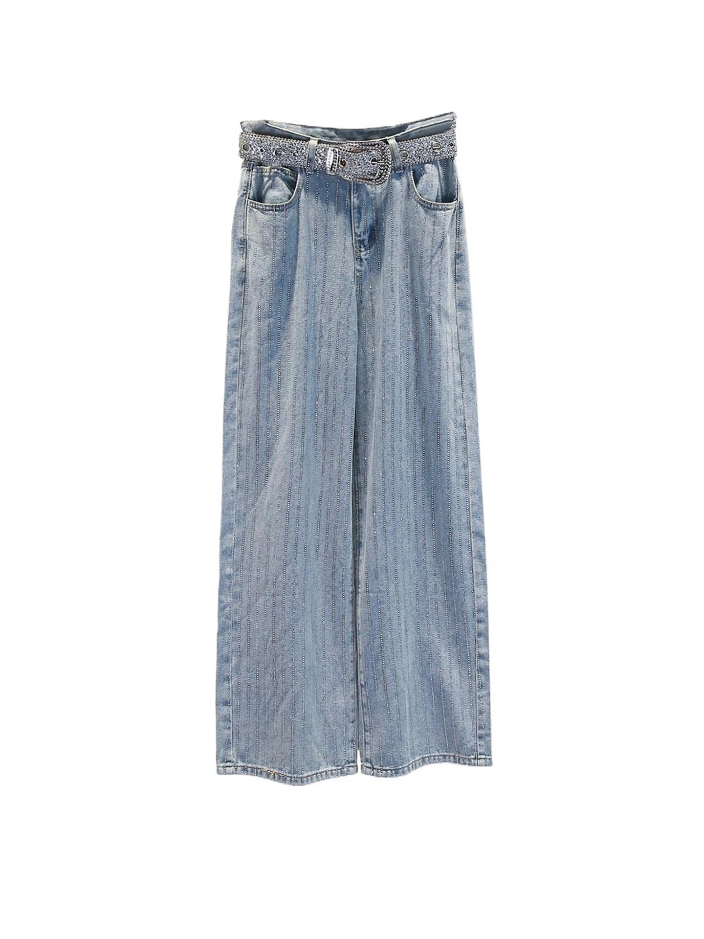 ハイウエストワイドレッグロングジーンズストライプベルトサウスオイルハイエンドレディースカジュアルハイウエストジーンズラインストーン付き2025年秋