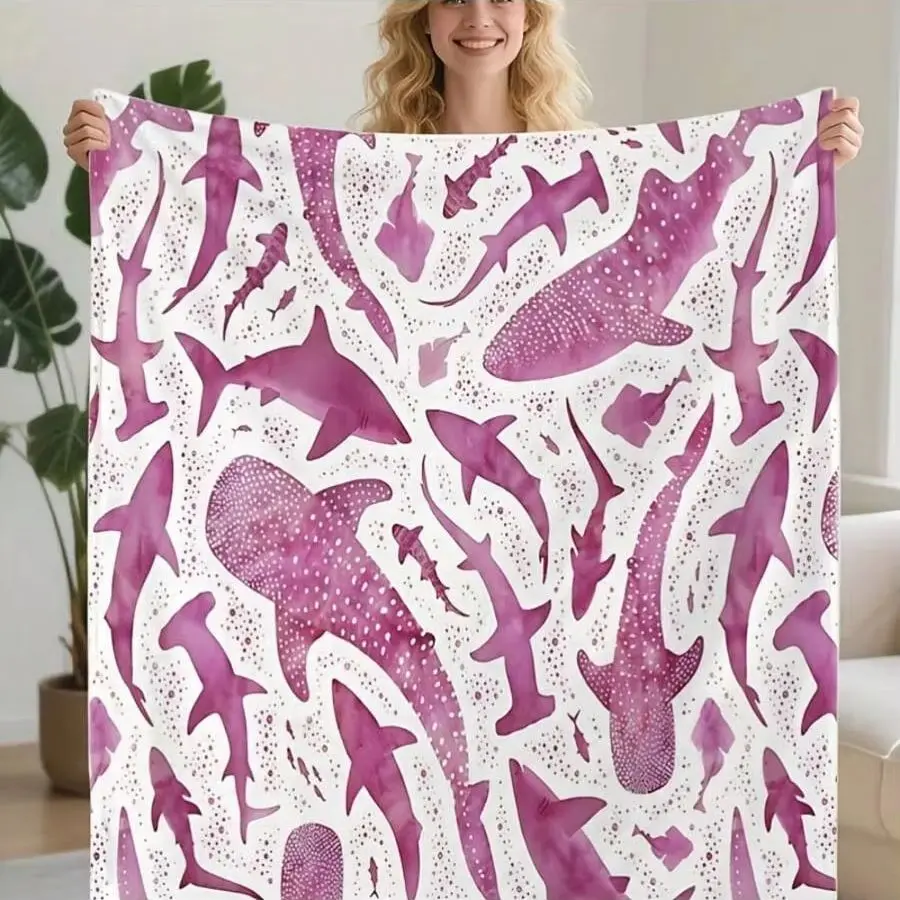 Watercolor Shark Flannel Blanket Soft Throw Purple Pink Plaid Cozy Warm Fleece Blanket for Couch Bed Travel Gift Women Kids