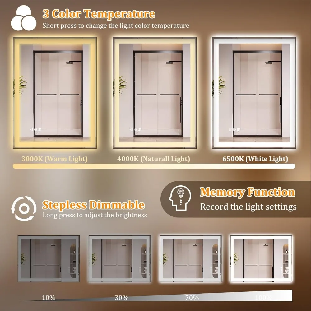 مرآة حمام LED مقاس 24 × 32 مع أضواء، وإضاءة أمامية وخلفية، و3 ألوان مرآة حمام مضاءة قابلة للتعتيم، ومضادة للضباب، ووظيفة الذاكرة #4