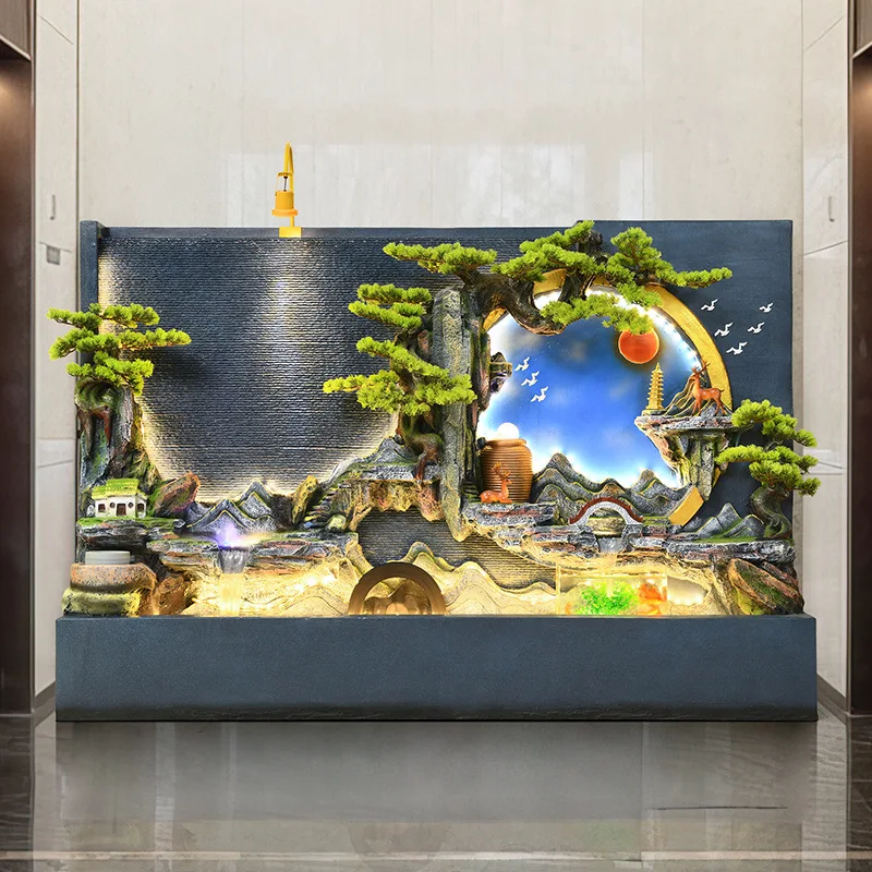 Large water curtain wall flowing fountain, rockery screen lucky fish tank, villa courtyard landscaping ornament