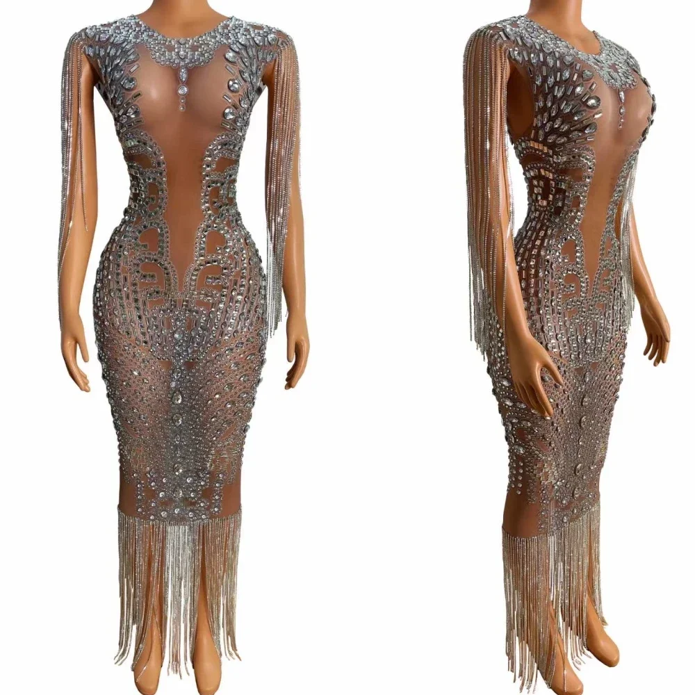 

Women Crystal Sparkly Shining Rhinestones Tassel Sleeveless Sexy Pole Prom Dance Dress