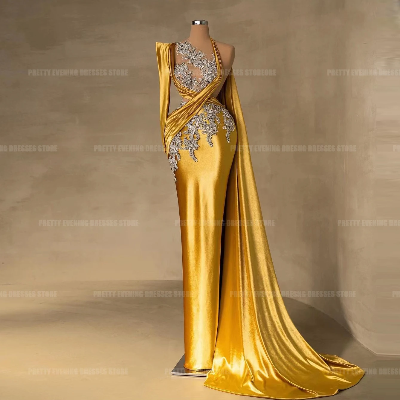 Boho Appliques Gold Evening Dresses For Woman Mermaid Sexy One Shoulder Satin Formal Elegant Party Prom Gowns Vestidos De Fiesta