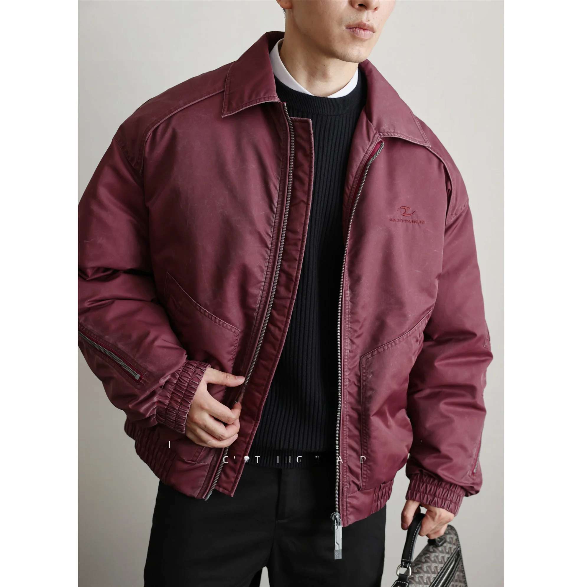 

Retro Waed Vintage Workwear Durable down Jaet Men's Turn-down Collar Air Force Flight Coat Urban Casual Sle Polyester F...