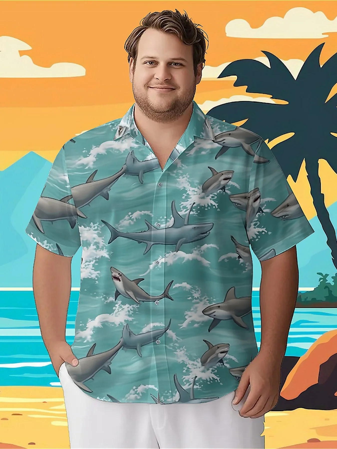

Men's Plus Size Hawaiian Shirts Shark Ocean pattern, Summer Casual Tops, Suitable for Outdoor and Party, Streetwear