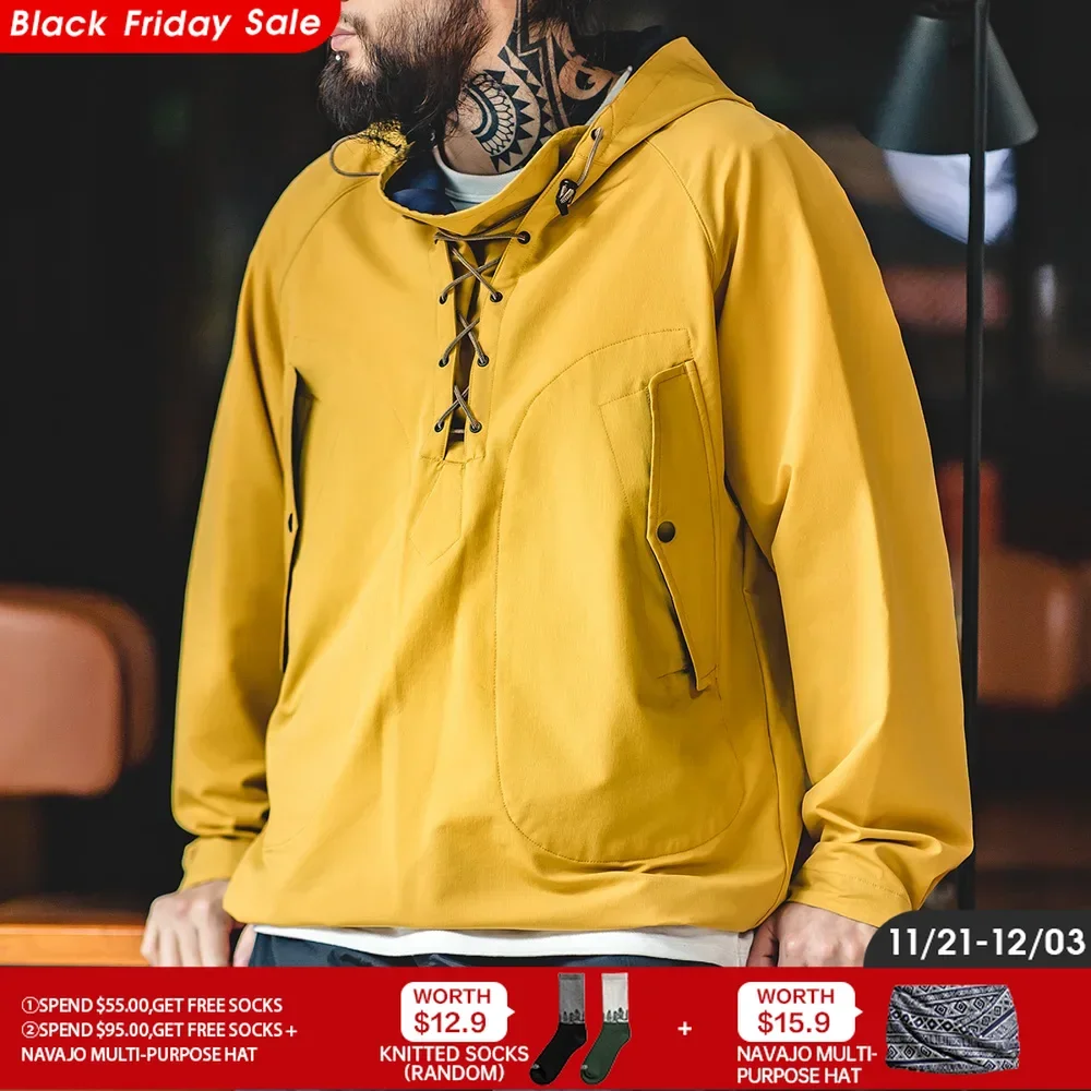 Maden Yellow Hooded Deck Coat for Men Braided Drawstring Collar Autumn Outdoor Wrinkle-Free Pullover Sweatshirt Everyday Wear