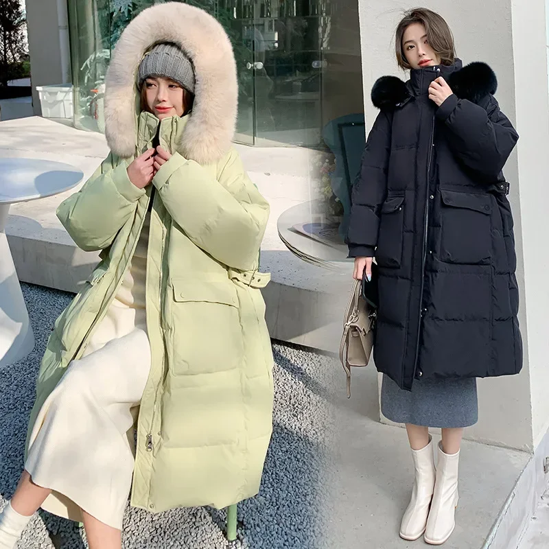 Women Fox Fur Collar Hooded Down Jacket Loose Purple Long Thickened Macaron Color White Duck Slimming Widened 6XL Oversized Coat