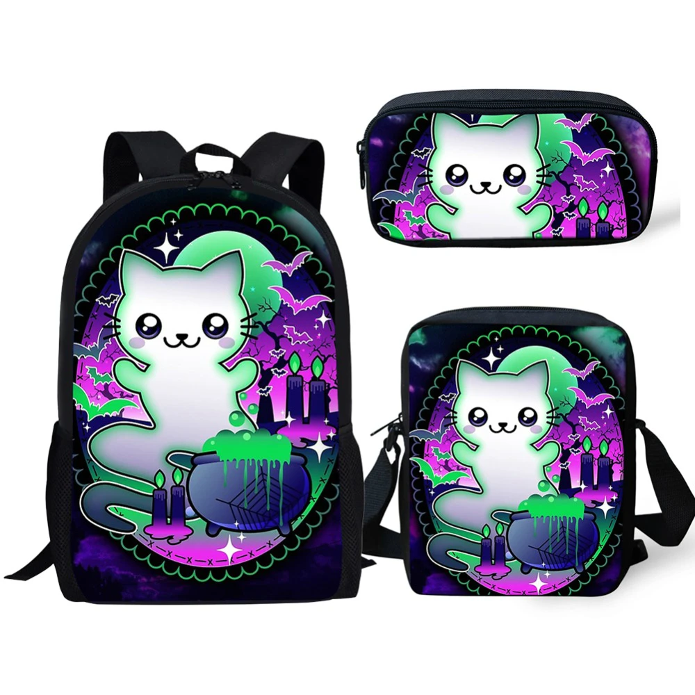 Classic Popular Funny Ghost Cat 3D Print 3pcs/Set pupil School Bags Laptop Daypack Backpack Inclined shoulder bag Pencil Case