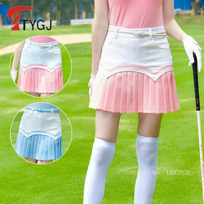 

TTYGJ Ladies Golf Skirt Women Breathable Pleated Golf Skort Girls Patchwork Anti-exposure Skirts High Waist Slim Sport Culottes