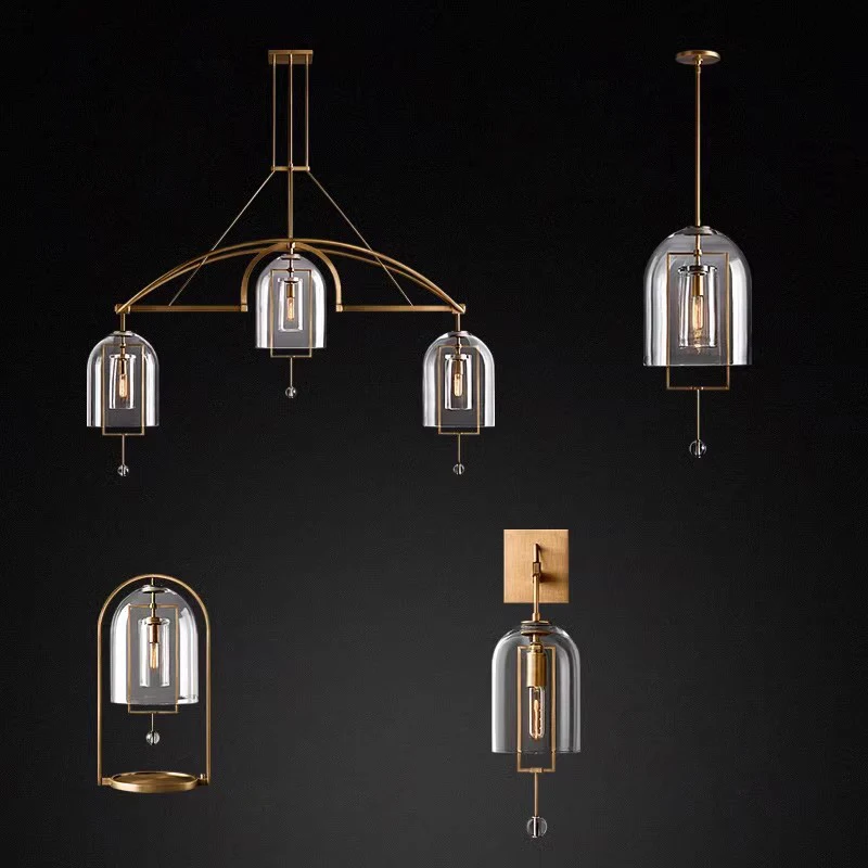 

Modern American brass color LED restaurant glass chandelier, ceiling hanging lighting E14 pendant light for living room.