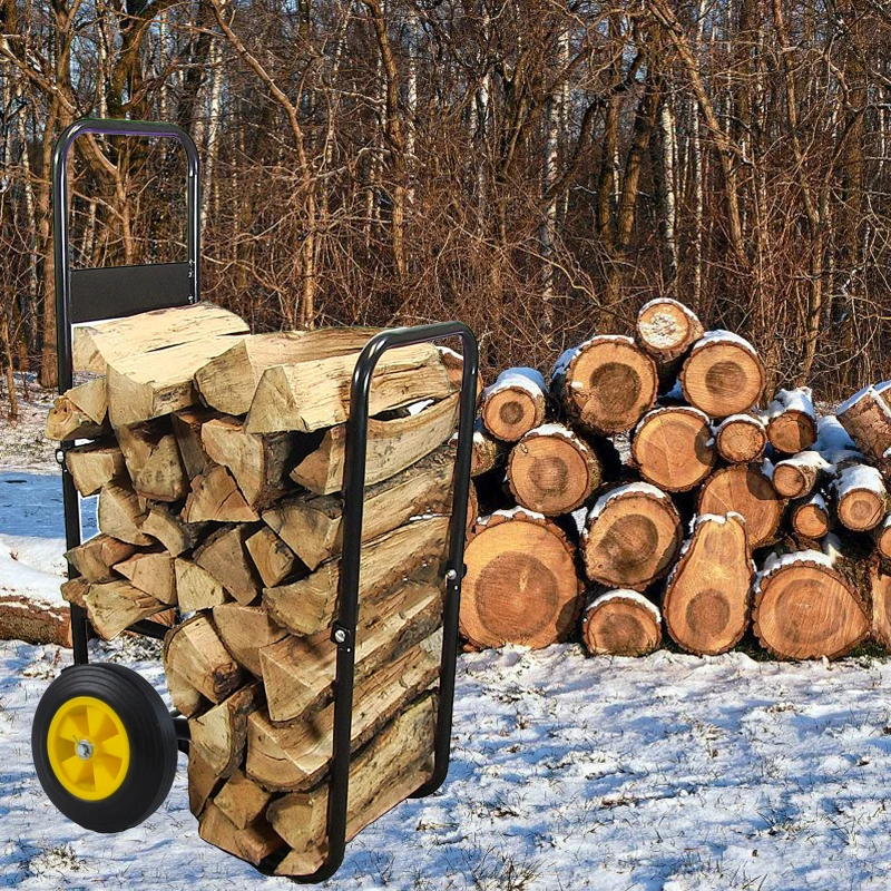 Firewood Log Cart Carrier Outdoor Indoor Black Steel Wood Rack Storage Mover Rolling Wheeled Metal Dolly Hauler