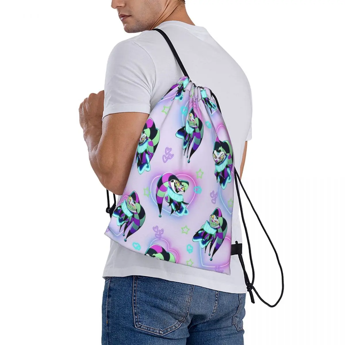 

Fizzarolli Fizz Neon Hearts And Stars Helluva Boss Backpacks Casual Drawstring Bags Storage Bag Book Bags for Man Woman Students