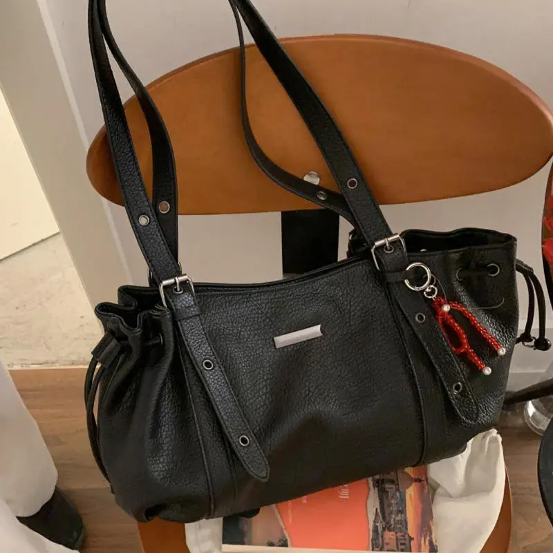 

Korean Tote Bag Brand Luxury Handbag High Quality Pu Drawstring Cloud Bag Lychee Pattern Pleated Shoulder Bag Cool MotorcycleBag