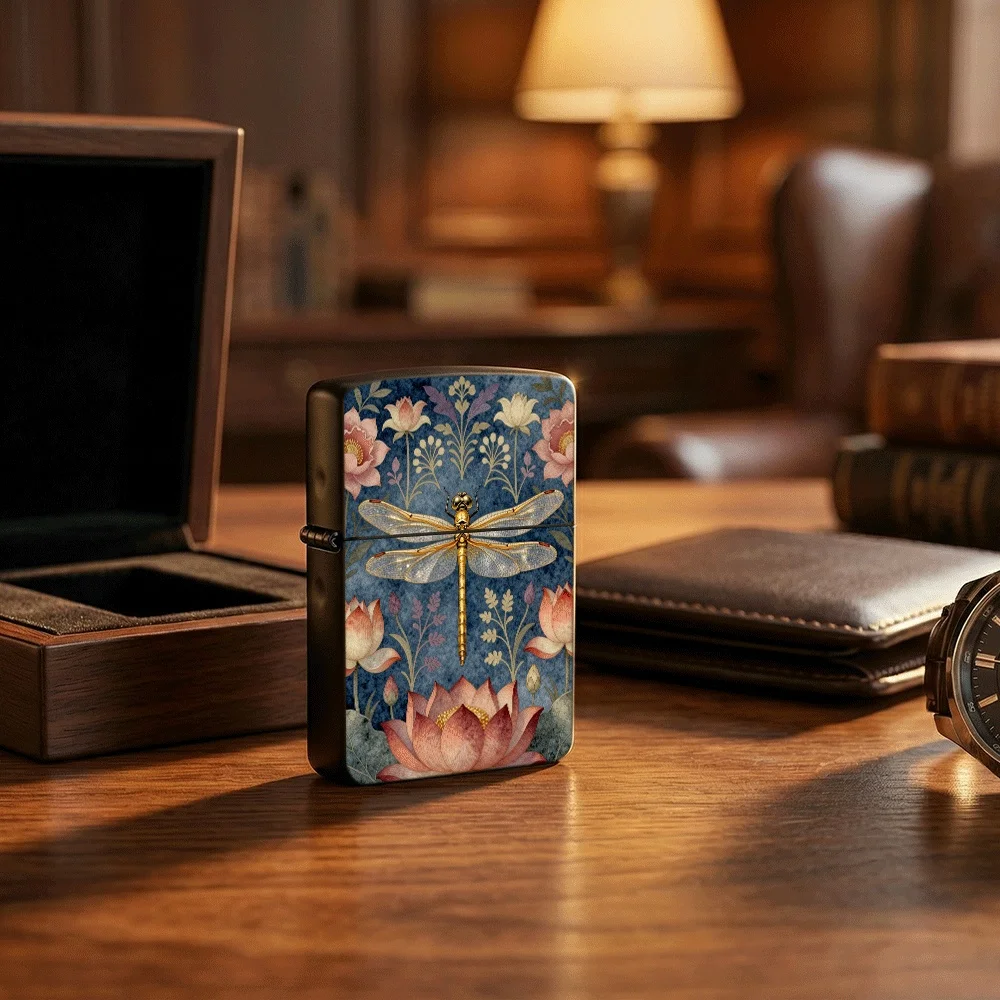 Flip Top Lighter Dragonfly Lotus Flower Botanical Vintage Art Nouveau Pattern lighters vintage lighters for smokers