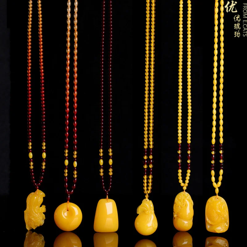 

One Piece Dropshipping Amber Necklace Pendant Chicken Oil Yellow Old Amber Unisex Rainbow Sweater Chain Blood Amber Golden Amber
