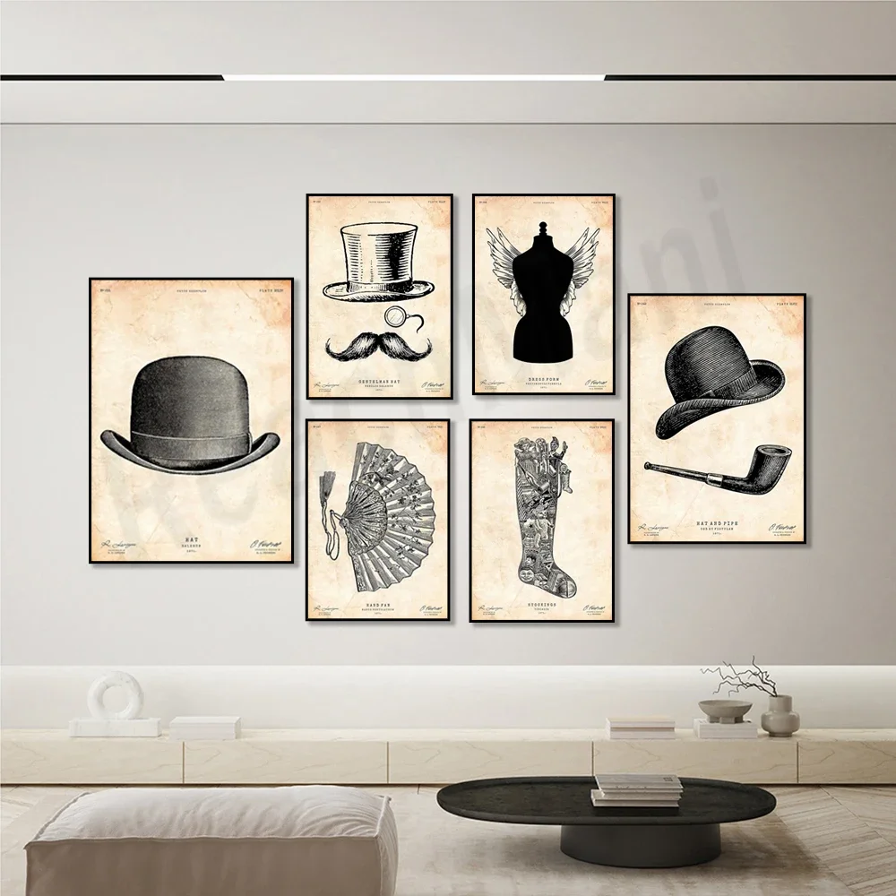 Retro top hat, mustache decoration, Christmas stocking print, tailor gift, Japanese art hand fan poster, old world decoration,