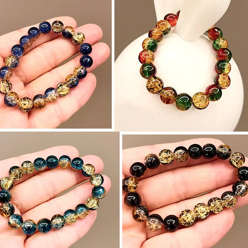 Women Two Color Gradient Crackled Crystal Glass Beaded Bracelet Handmade Elegant Vintage Jewelry Gift