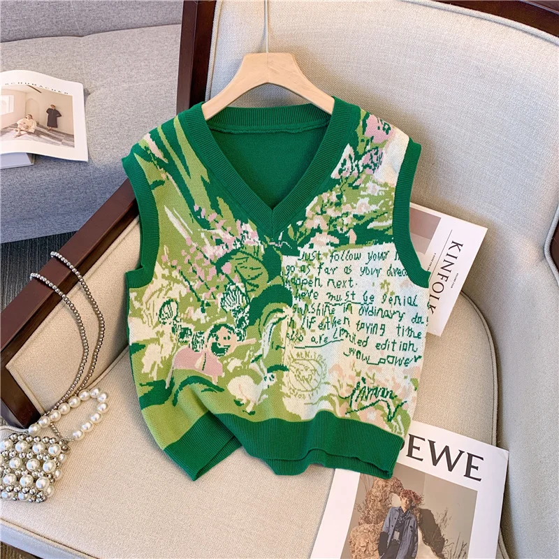 Women Cute Embroider Vest Preppy Style V-neck Green Sweater Vest Pullover Worn Outside Loose Waistcoat Sleeveless Knit Crop Tops