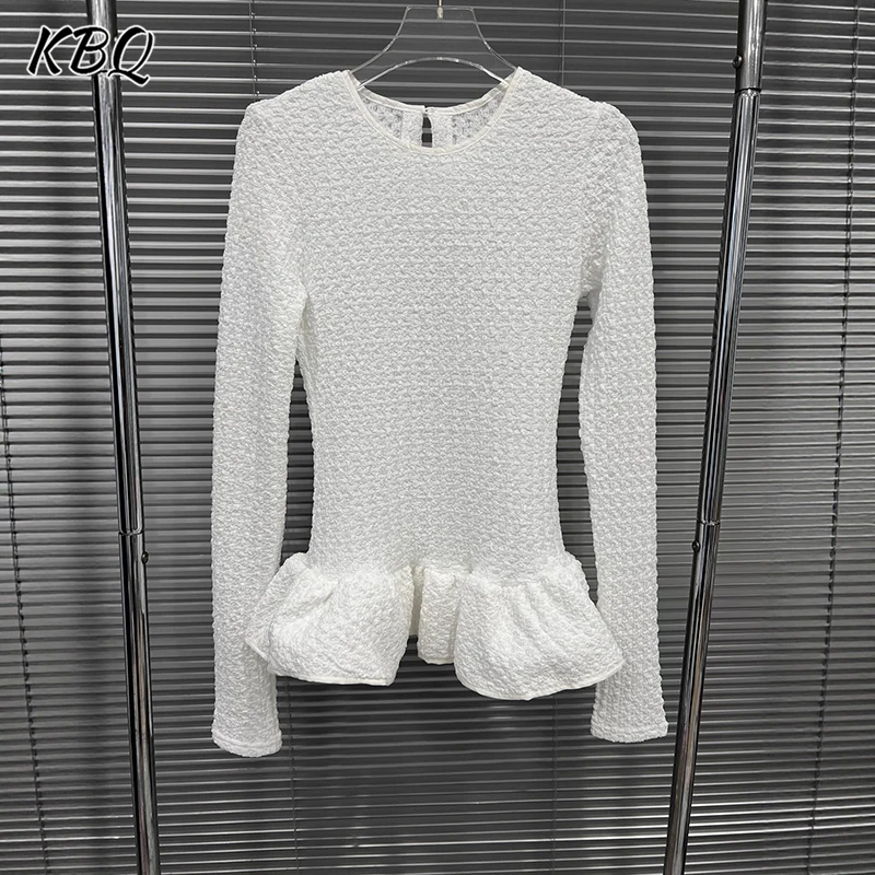 

KBQ Solid Sweet Slimming Mini Shirt for Women Round Neck Long Sleeve Temperament Minimalist Chic Blouse Female Fahsion Style New