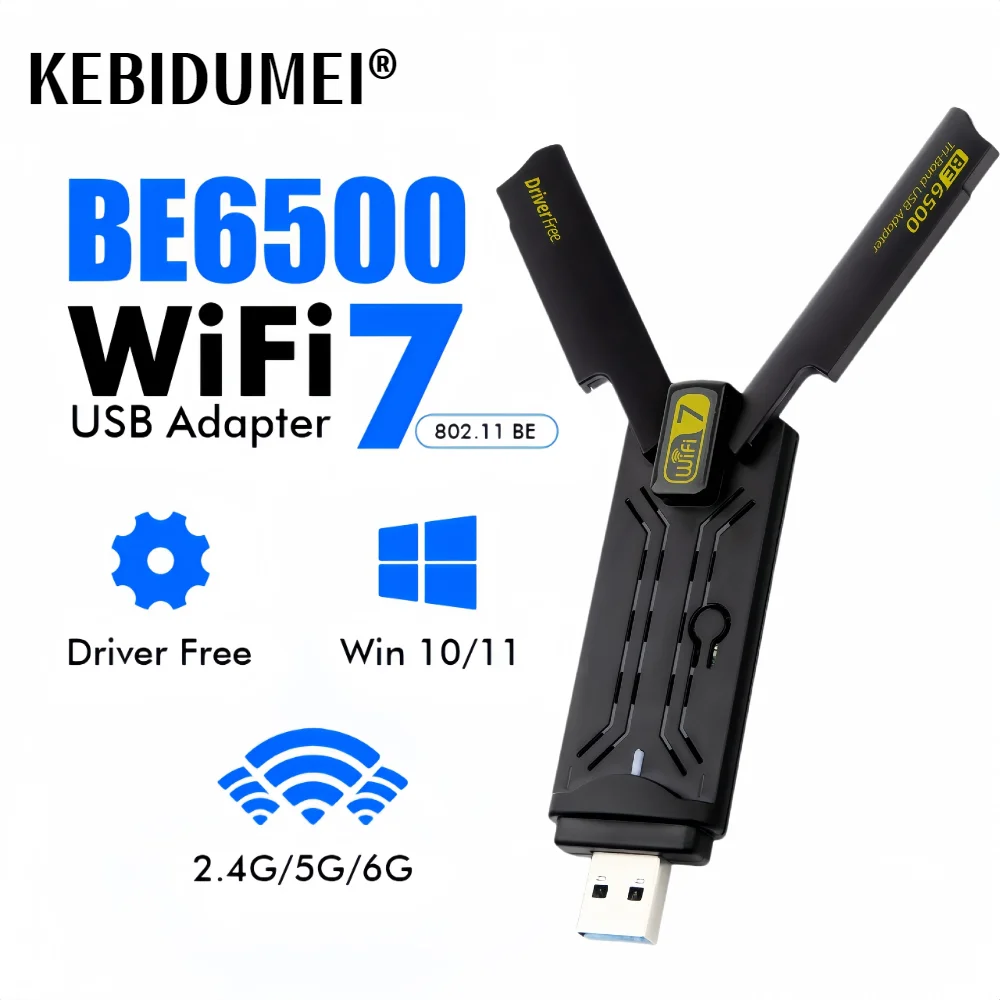 Adaptador USB WiFi 7 de 6500Mbps BE6500, tarjeta de red inalámbrica de 2,4G, 5,8G y 6GHz, Adaptador WiFi de unidad libre 802.11be para Win 10/11