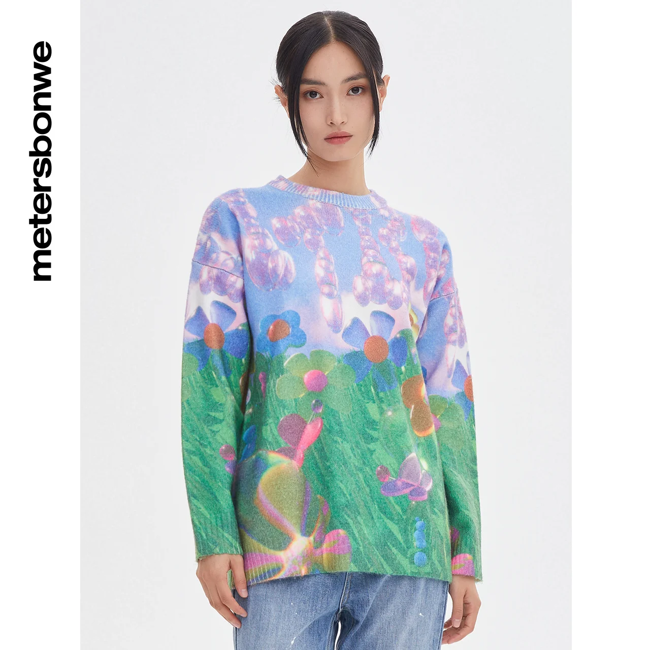 

Metersbonwe-Women's Round Neck Long-Sleeved Sweater Jumper Clear And Bright Color Printing Pullover Loose Youth Spring Autumn